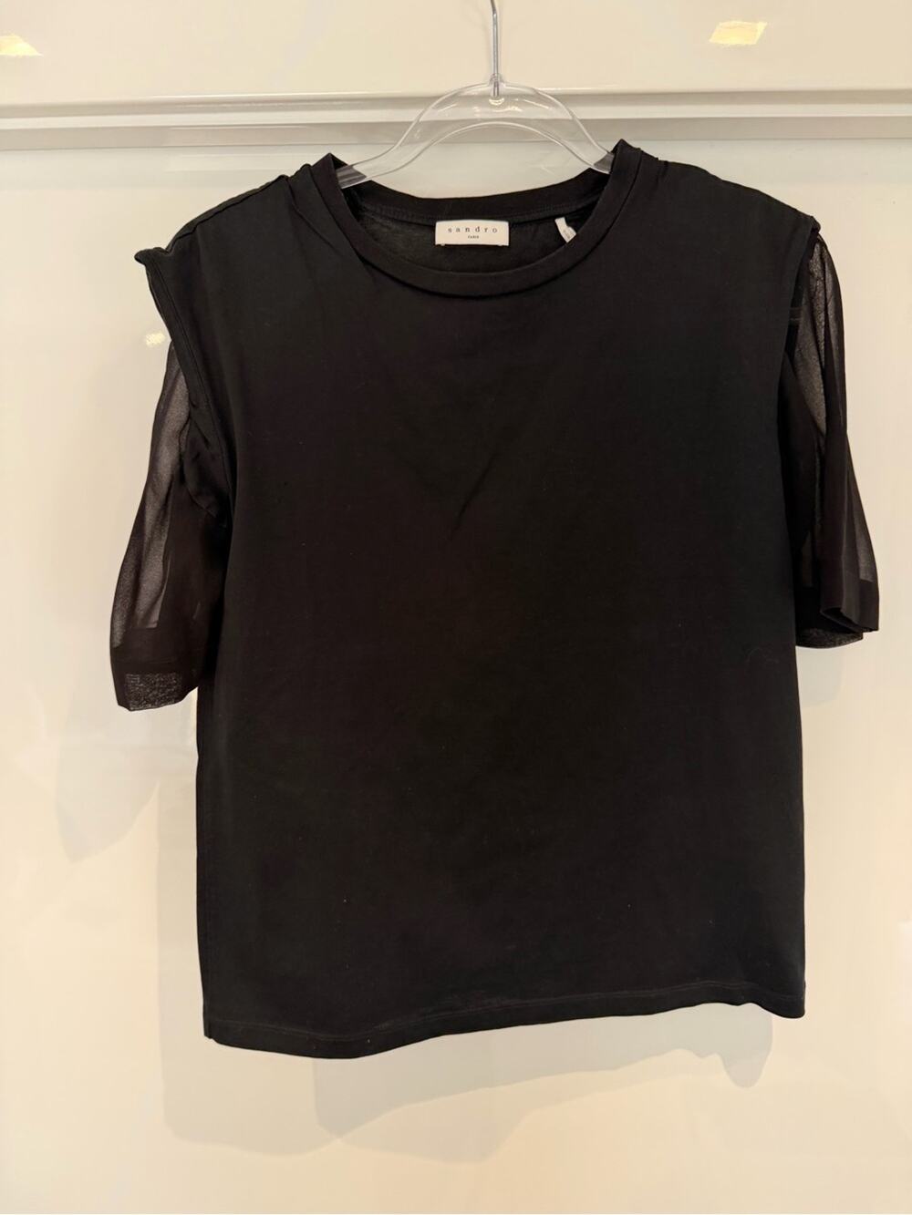 Sandro Black Tee with Sheer Short Sleeves